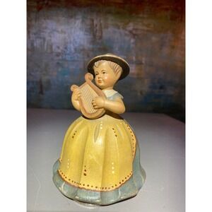 Vintage Anri Wood Carved Girl with Lyre Reuge Swiss Musical Movement Italy